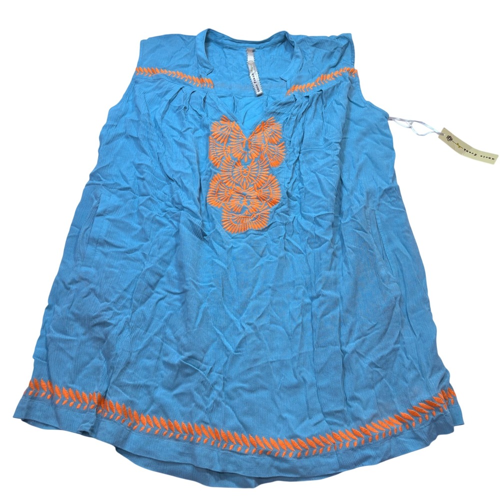 Uncle Frank Blue Orange Embroidered Sleeveless Shift Dress Pockets Womens Medium